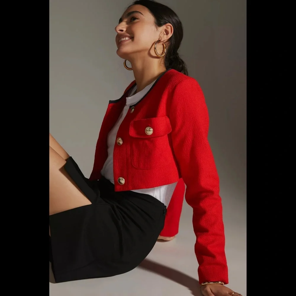 Anthropologie Red Maeve Cropped Shrunken Tweed Jacket Blazer - Picture 4 of 16